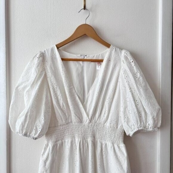 Anthropologie Hutch Smocked Waist Puff Sleeve Eyelet Jumpsuit - Picture 7 of 13